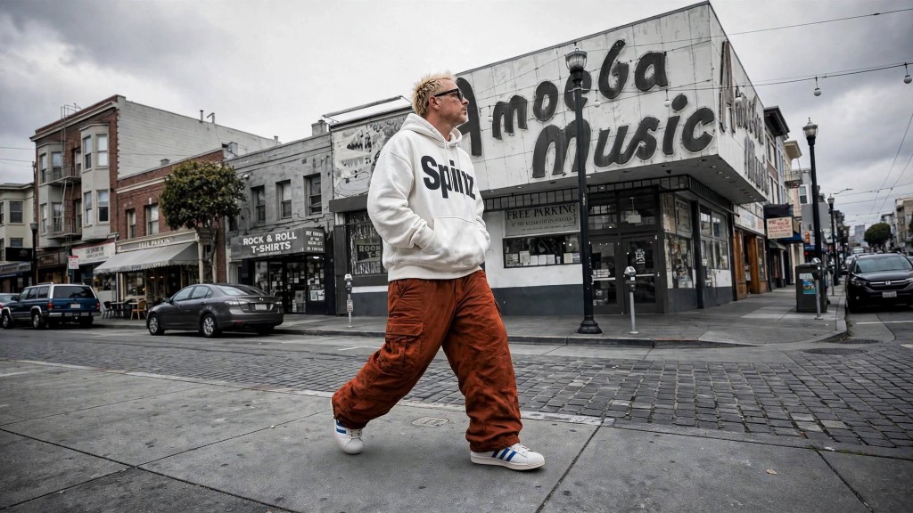 Collector in a Spinz hoodie walking past Amoeba Music