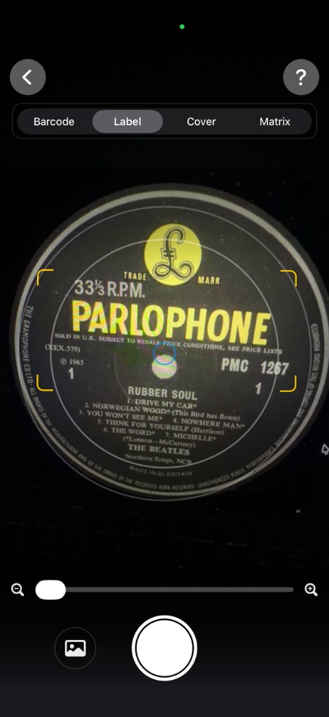 Spinz label scanner on a Rubber Soul Parlophone label