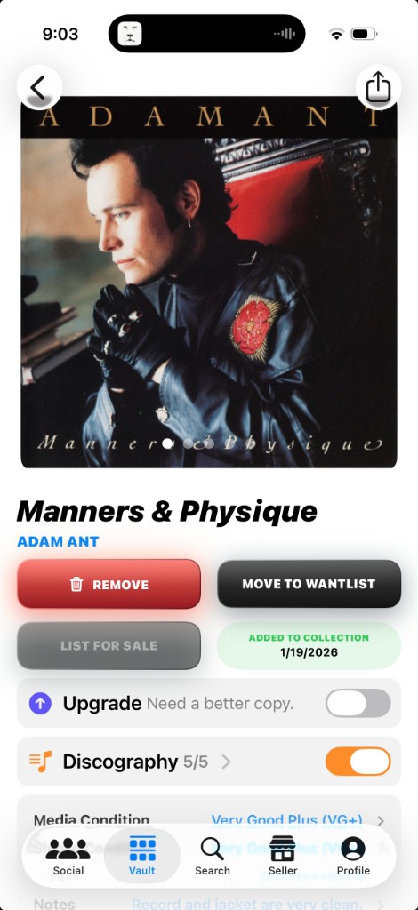 Spinz record detail for Manners & Physique by Adam Ant